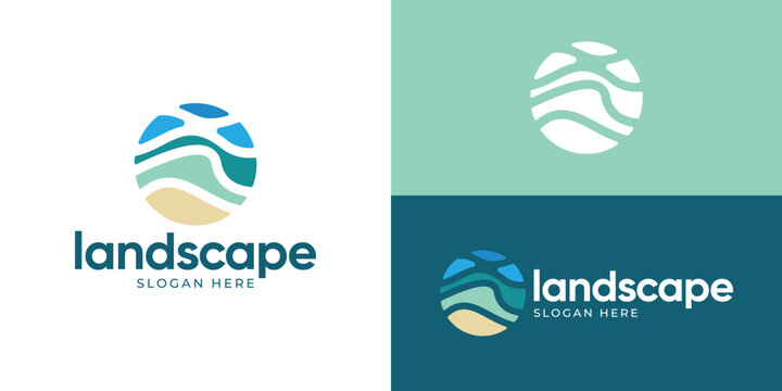 Creative simple landscape logo template. Abstract mountain hills or river water logo design vector illustration.