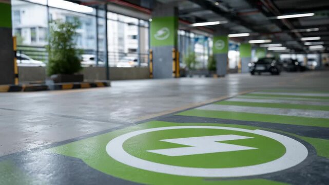 Close-up detail of green electric-vehicle parking markings inside a modern parking structure, charging symbols painted on concrete, clean lighting, sustainability and future mobili