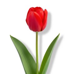 Naklejka premium A single red tulip with green leaves on a white background
