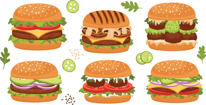 Gourmet burger vector set featuring cheeseburger grilled burger veggie burger and fresh ingredient burgers with delicious fast food illustration