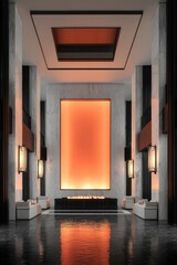 Naklejka premium Elegant Interior Design with Fireplace and Modern Lighting, Luxurious Lobby, Architectural Visualization