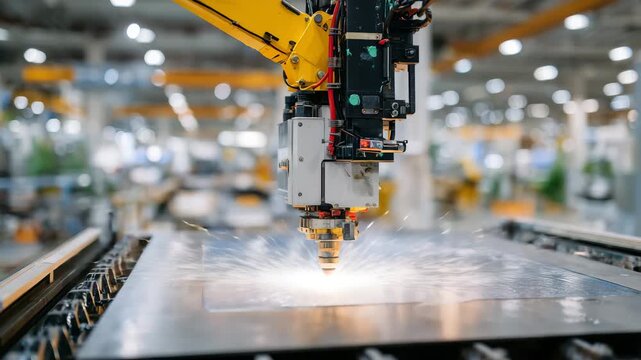 Close-up of a robotic spray gun applying paint to a metal panel on an automated line, fine atomized spray pattern visible, smooth wet coating forming, shallow depth of field, preci