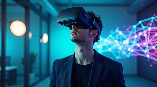 A man in a dark blazer wears a black VR headset, immersed in a futuristic digital space. Glowing cyan and magenta network nodes and lines float behind him, while teal office lighting and warm wall lam