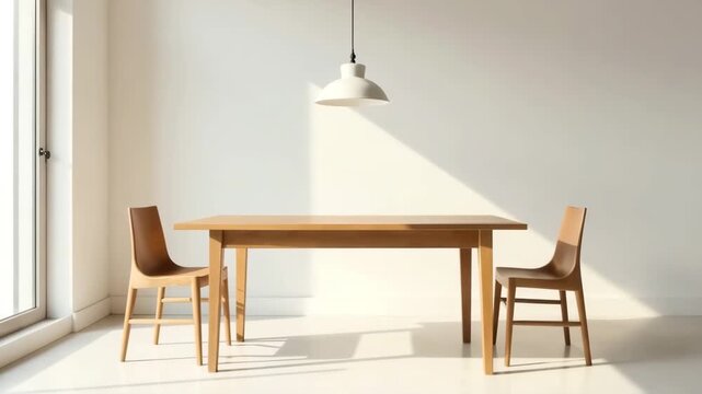 A minimalist dining area with a wooden table and two chairs. Natural light streams in through a large window, creating a bright and airy atmosphere.