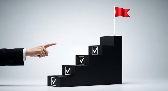Businessman hand pointing at black staircase blocks with white checkmarks and a red flag on top representing career goals and milestone success