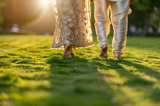 A couple walks barefoot on green grass in a park as the sun sets in the background. The scene captures a moment of connection and relaxation. Shadows stretch behind them as they enjoy the evening