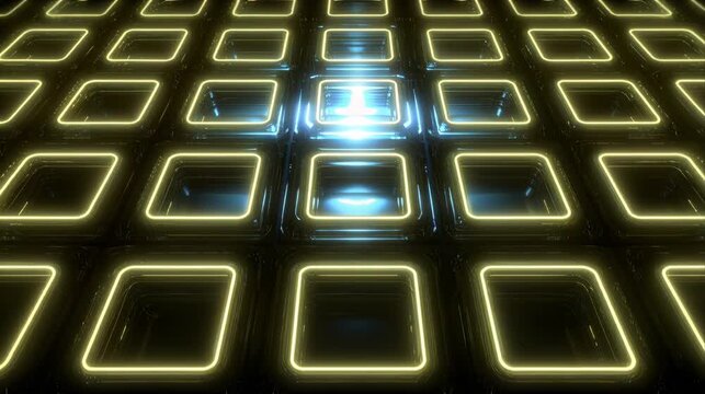 Glowing square grid animation with yellow and blue neon frames in deep perspective, ideal for futuristic technology backgrounds, digital visuals, and abstract motion graphics