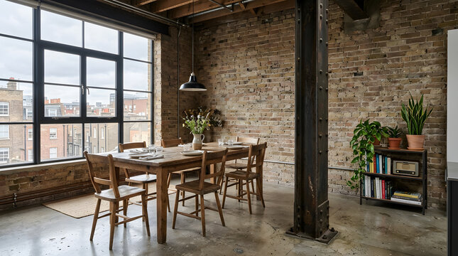 Warehouse conversion loft interior modern living space with exposed brick walls and large windows creating a stylish urban retreat