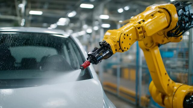 Close-up of metallic gold paint being applied to a car door by robotic arm, ultra-modern white spray booth background, fine reflective mist on smooth surface, hyper-realistic indus