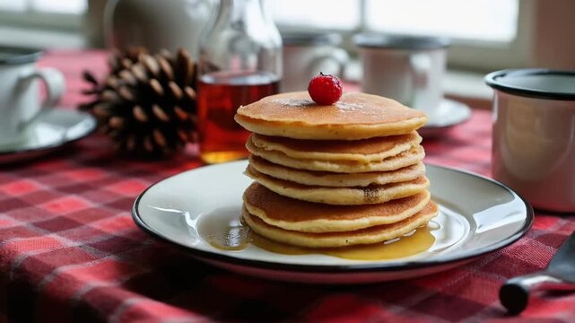 A cozy breakfast scene featuring a stack of pancakes topped with a cherry, syrup, and two cups on a checkered tablecloth near a window.