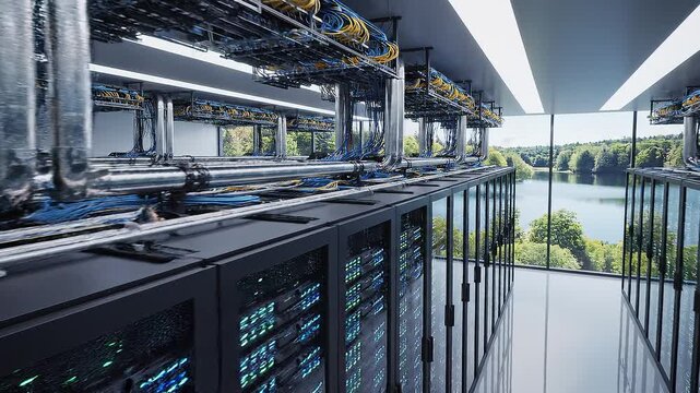 A futuristic data center interior with rows of computer servers and cables, overlooking a serene lake and lush greenery through a large window