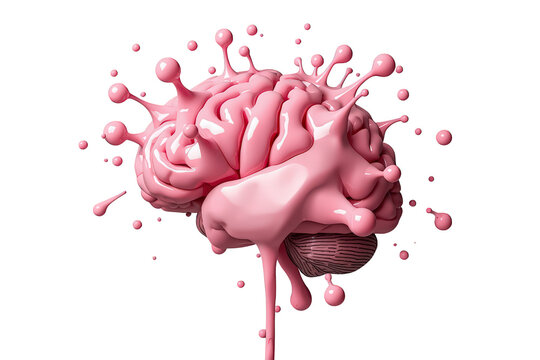 Pink human brain splashing with liquid, symbolizing creativity, intelligence, and thought bursting forth with ideas