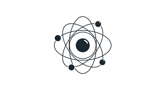 An illustrative diagram of an atom featuring electrons orbiting the central nucleus in a flat style