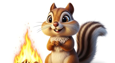 Fototapeta premium A cartoon chipmunk standing next to a flame with a cheerful expression