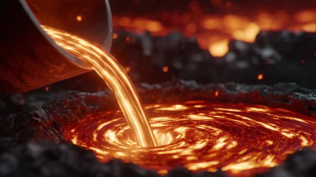 Close-up overhead view of liquid molten steel pouring into a mold cavity, glowing surface with sparks, rippling molten textures, industrial foundry heat and workflow highlighted, c