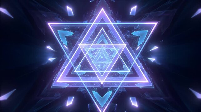 Layered neon triangle tunnel animation with glowing blue and violet lines, perfect for futuristic technology backgrounds, sci fi intros, and digital motion design