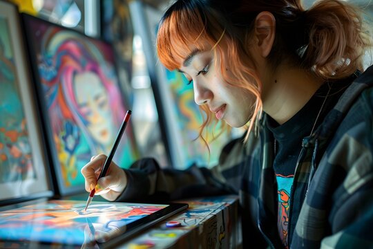 A young artist focuses on making digital art using a tablet in a well-lit studio. Colorful paintings adorn the walls, showcasing a creative environment. The person appears engaged in their work
