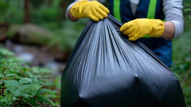 Close-up shot of hands in protective gloves gripping a large trash bag, overstuffed with mixed waste, bag creases emphasized, outdoor cleanup environment subtly blurred in backgrou