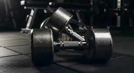 Fototapeta premium Gym equipment close-up of two metal dumbbells on the floor in a fitness studio, reflecting light