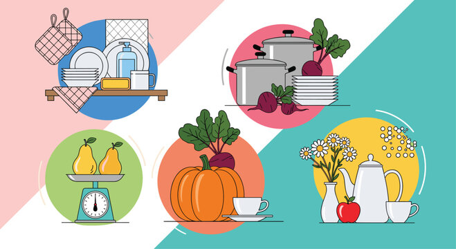 Five circular illustrations depict various domestic activities like washing dishes cooking vegetables and enjoying tea time in a clean style.