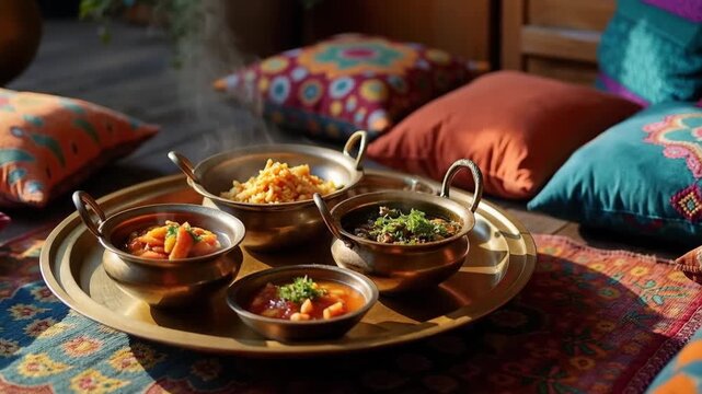 A vibrant display of four traditional Indian dishes served in brass bowls on a decorative tray. Colorful cushions and a patterned tablecloth enhance the setting.