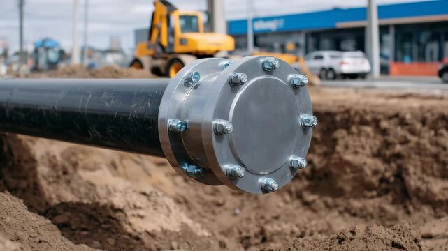 Macro perspective of industrial steel pipeline, bolts and flanges visible, outdoor construction trench, high-detail metallic textures, realistic engineering environment