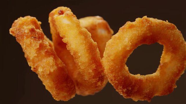 Slow motion tracking dolly close shot of onion rings rotating and tumbling against dark studio kitchen tabletop background