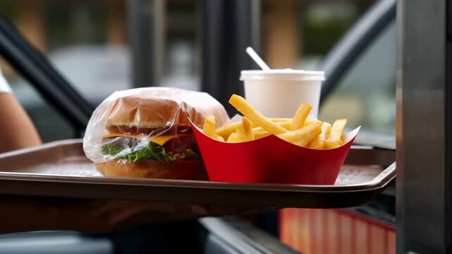 Tracking shot of server handing tray with burger fries and drink through service window at fast food counter