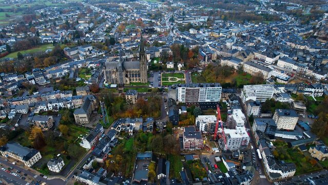 An panoramic aerial view of the downtown city Arlon in Belgium on a cloudy morning in autumn.. 