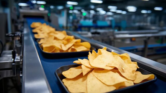 Macro shot of snack packaging line with chips on conveyor, machinery above processing snacks, metal textures and reflective surfaces visible, crisp textures emphasized, industrial