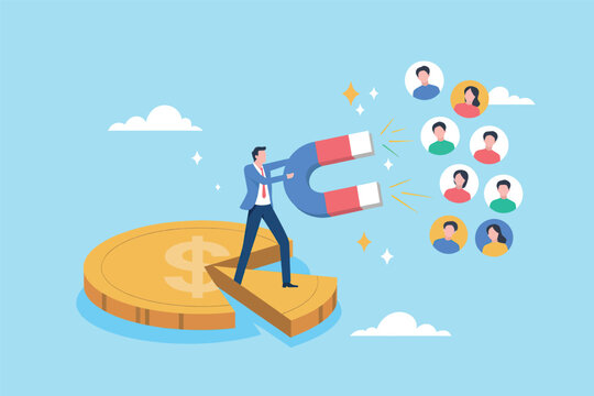 A business professional using a large magnet to attract a diverse group of new potential customers