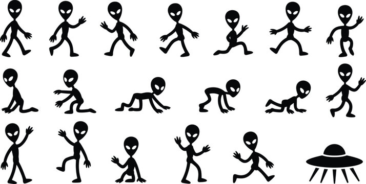 Alien silhouette character poses collection with UFO, cartoon extraterrestrial walking running sitting actions vector icon set
