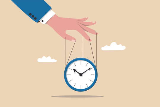A business hand controlling time as if it were a puppet on strings against a minimalist background
