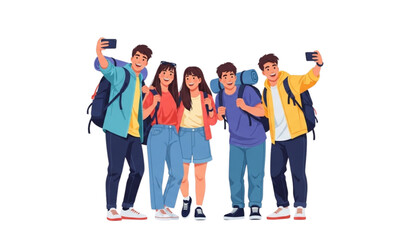 Fototapeta premium A group of young friends taking a selfie together with backpacks