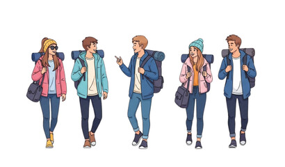 Obraz premium A group of young friends walking together with backpacks and luggage