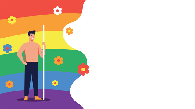 Proud man standing in front of colorful rainbow flag with flowers representing lgbtq pride and diversity.