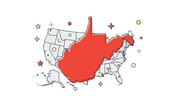 Map of the United States of America with the state of West Virginia highlighted in red and decorative elements.