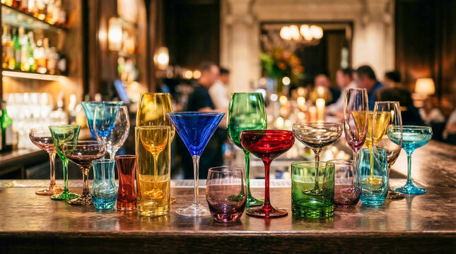 Vibrant, multi-colored empty cocktail glasses arranged on a wooden counter with a lively blurred bar backdrop. Great for nightlife articles or bar promotions.