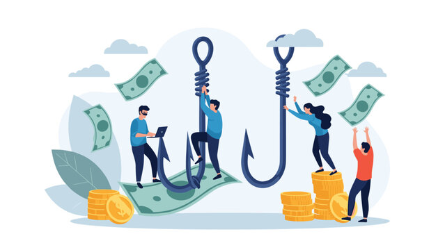 Small people being lured or caught by giant fishing hooks with money symbols representing financial risk or scams.