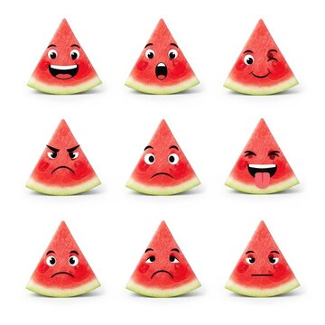 A group of watermelon slices with different facial expressions