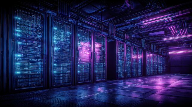 Server Room with Neon Lights: Data Center Infrastructure for Cloud Computing and Information Technology