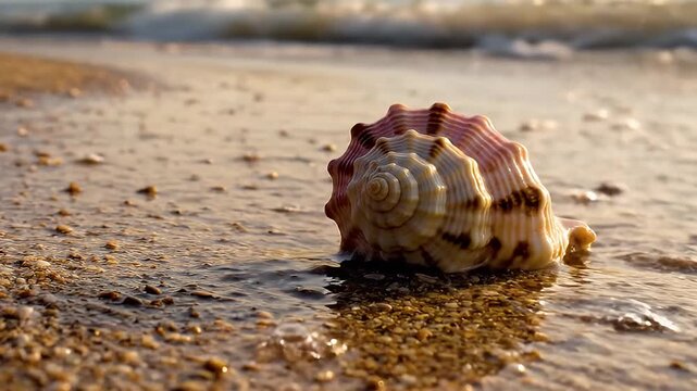 Sea shell beach sand shore wave ocean nature sunrise sunset seashell wet sand near gentle wave edge golden light reflection calm sea water soft surf peaceful summer shoreline coastline vacation scene