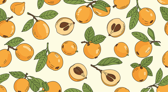 Seamless pattern with hand drawn loquat fruits on branches with green leaves over light beige background for fabric design or wallpaper.