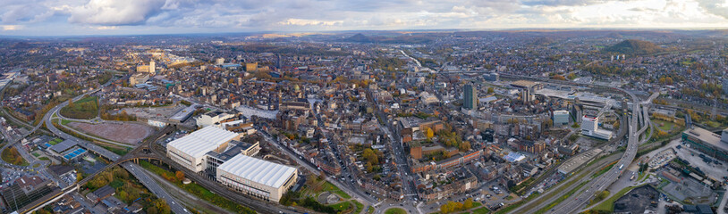 Obraz premium An panoramic aerial view of the downtown city Charleroi in Belgium on a cloudy afternoon in autumn..