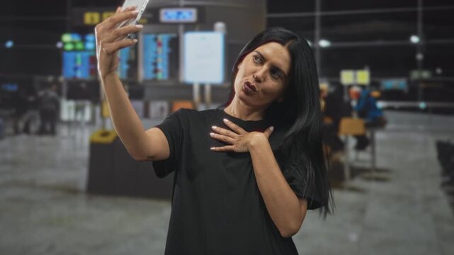 Woman holding smartphone with hand raised taking selfie in busy airport terminal by checkin screens and luggage area; playful confidence.