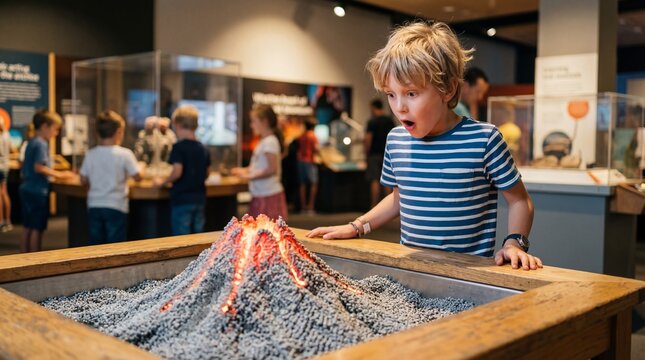 Boy looking at erupting volcano model in science museum. Excited child watching geology exhibit. Educational experience for student at school excursion. Study of natural earth science.