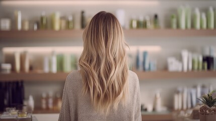 Fototapeta premium Blonde Woman Back View Choosing Hair Care Products at Beauty Store or Salon, Shelf with Cosmetics