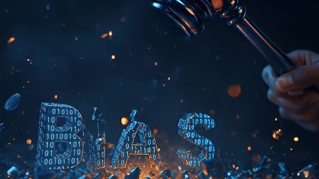 Bias justice technology artificial intelligence fairness data law hammer judge concept with cybersecurity digital banking explosion spark binary code and data protection cyber security digital code