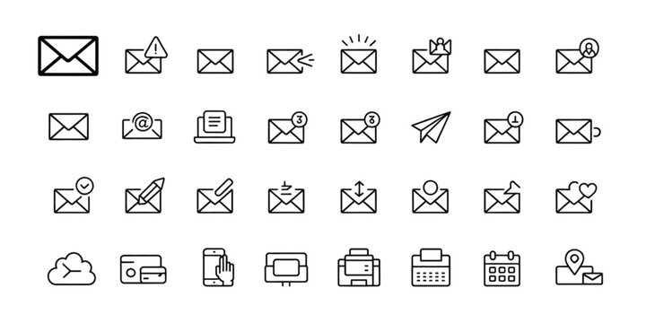 Collection of various black outline vector icons representing email and digital communication tools Vector