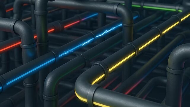 Futuristic pipe pipeline network infrastructure neon glowing energy technology cyber system design for power and data flow industrial metal tube connection pattern with neon light glow